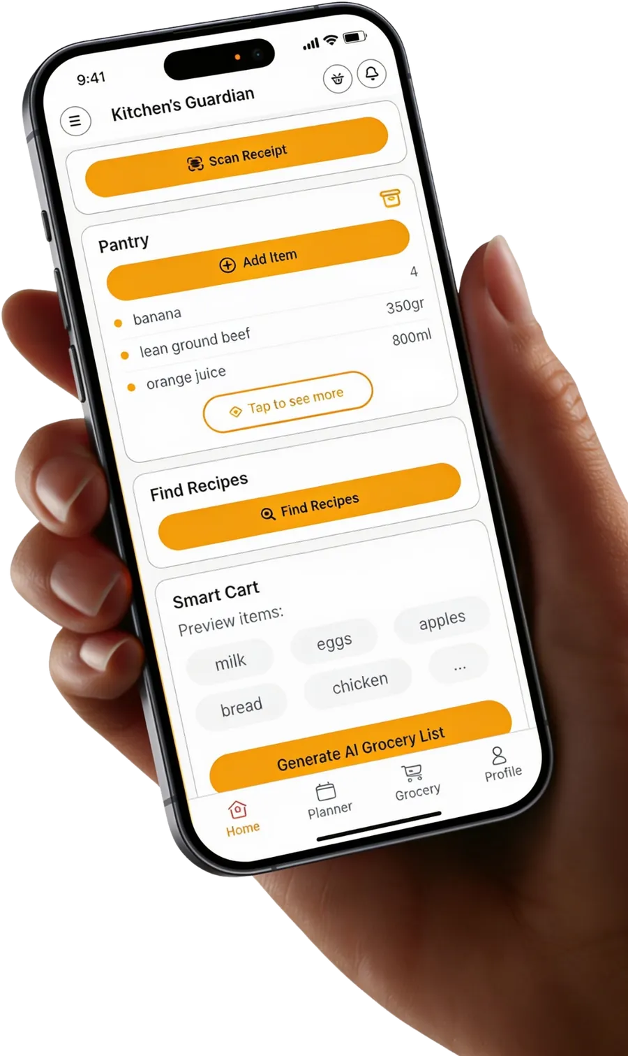 A hand holding a phone showing the Kitchen'sGuardian app home screen